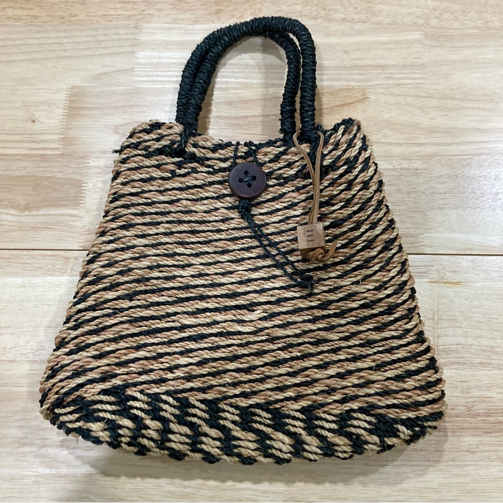 Esprit Vintage Woven Black and Tan Hand Bag Tote with Wooden Logo Tag